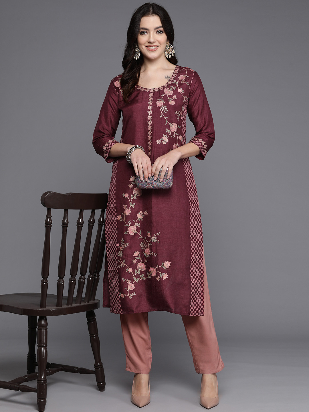 

Indo Era Floral Printed Kurta, Maroon