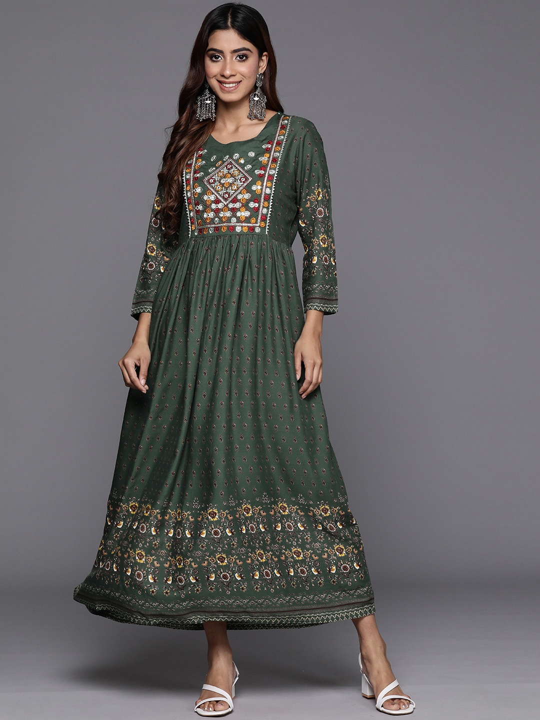 

Indo Era Floral Embroidered A-Line Maxi Ethnic Dress, Green