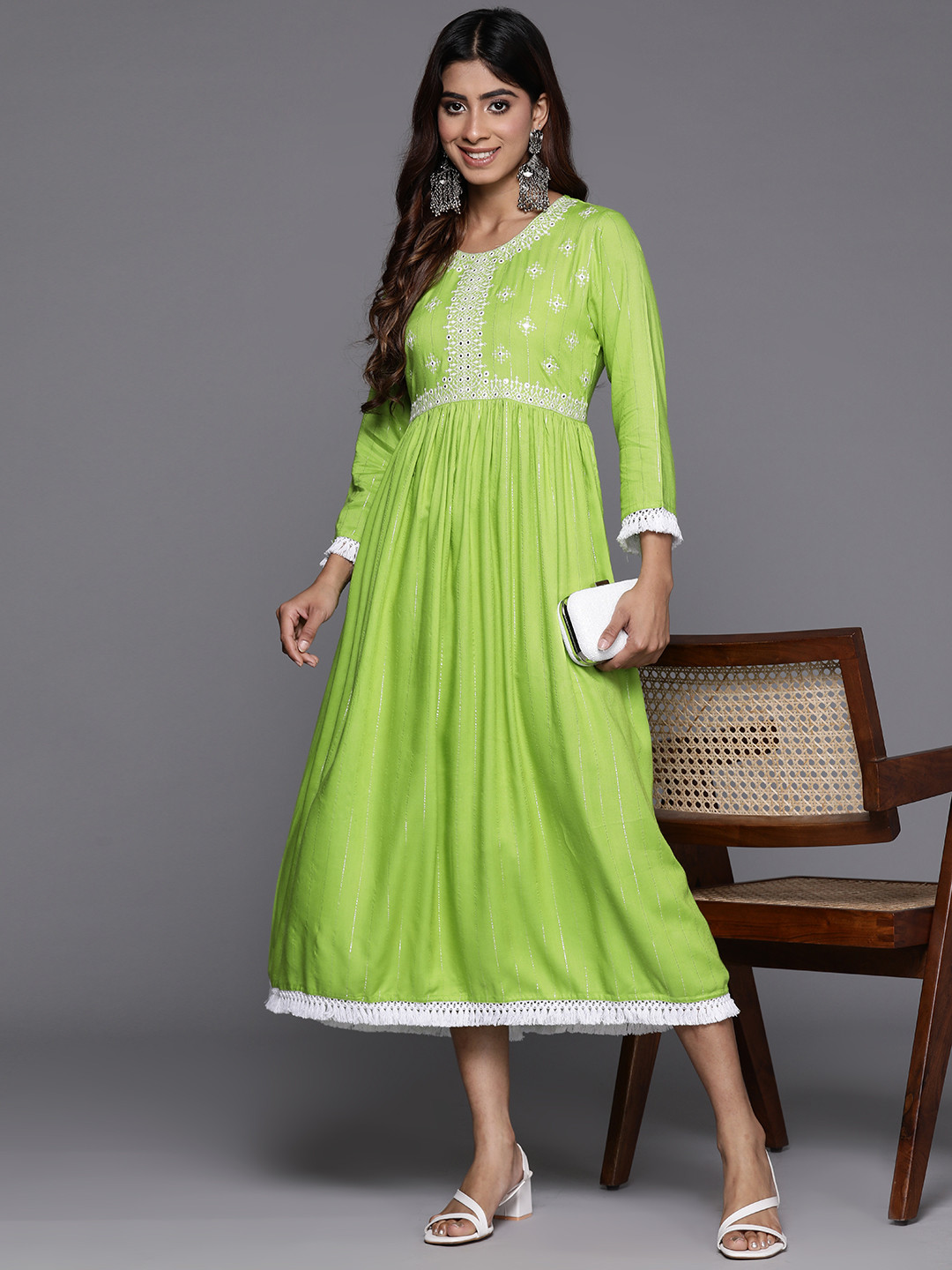 

Indo Era Embroidered A-Line Midi Ethnic Dress, Green