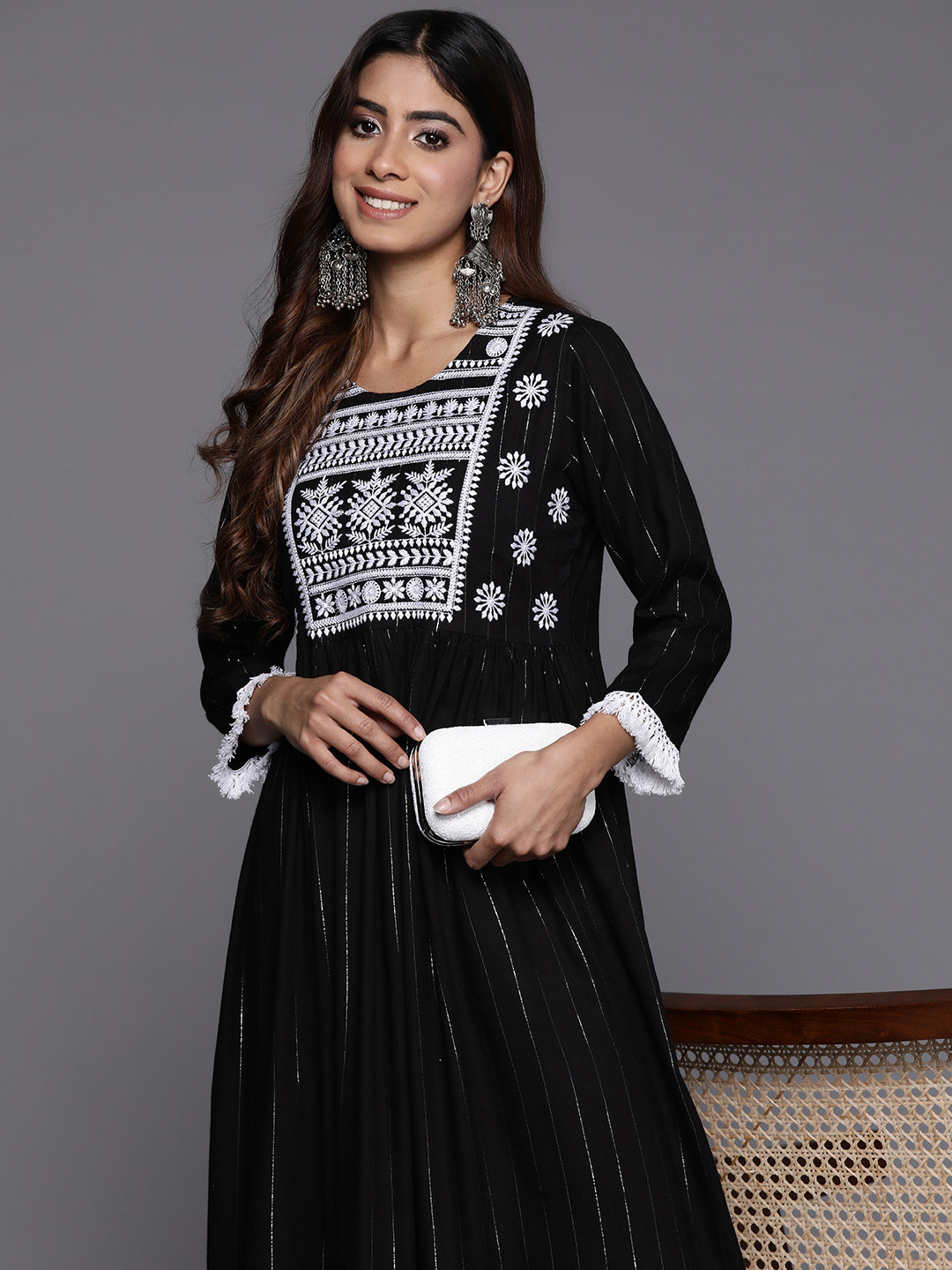 

Indo Era Ethnic Motifs Embroidered A-Line Midi Dress, Black