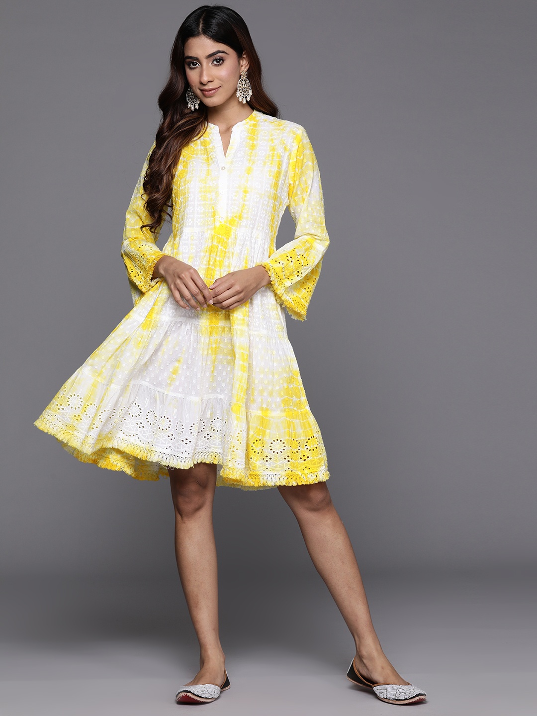 

Indo Era Tie & Dye Bell Sleeve A-Line Dress, Yellow