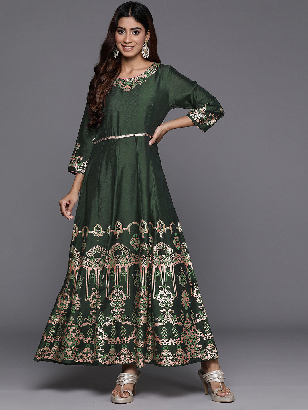 

Indo Era Ethnic Motifs Print Liva Gown Maxi Dress, Green