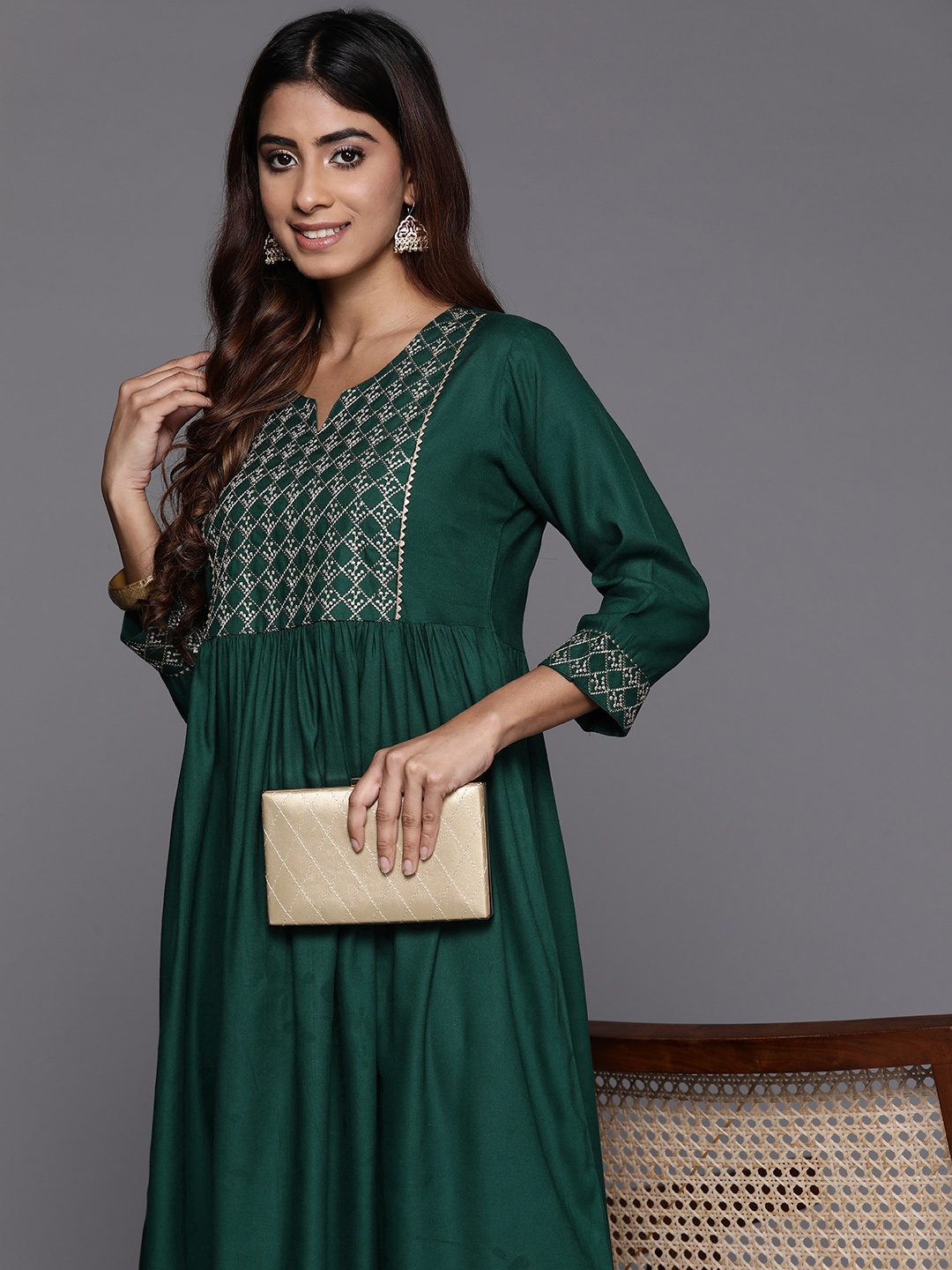 

Indo Era Geometric Embroidered A-Line Midi Dress, Green