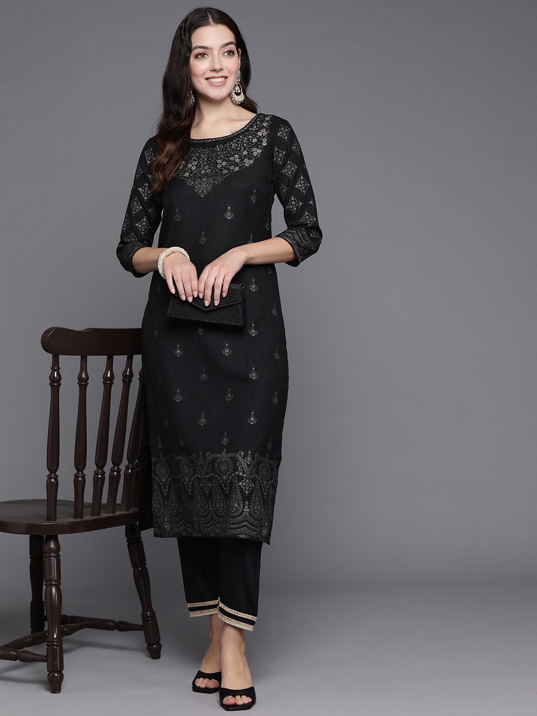 

Indo Era Women Ethnic Motifs Woven Design Straight Kurta, Black