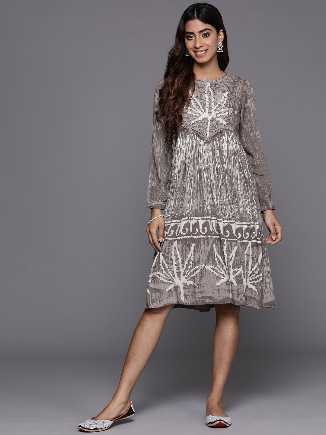 

Indo Era Tie & Dye Puff Sleeve A-Line Dress, Brown