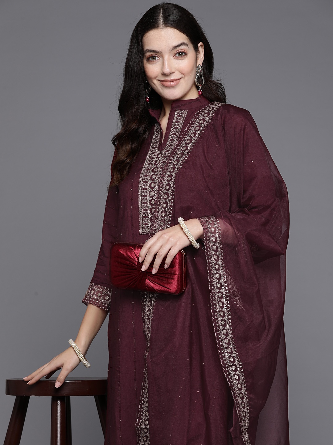

Indo Era Women Floral Embroidered Regular Sequinned Kurta with Trousers & With Dupatta, Maroon