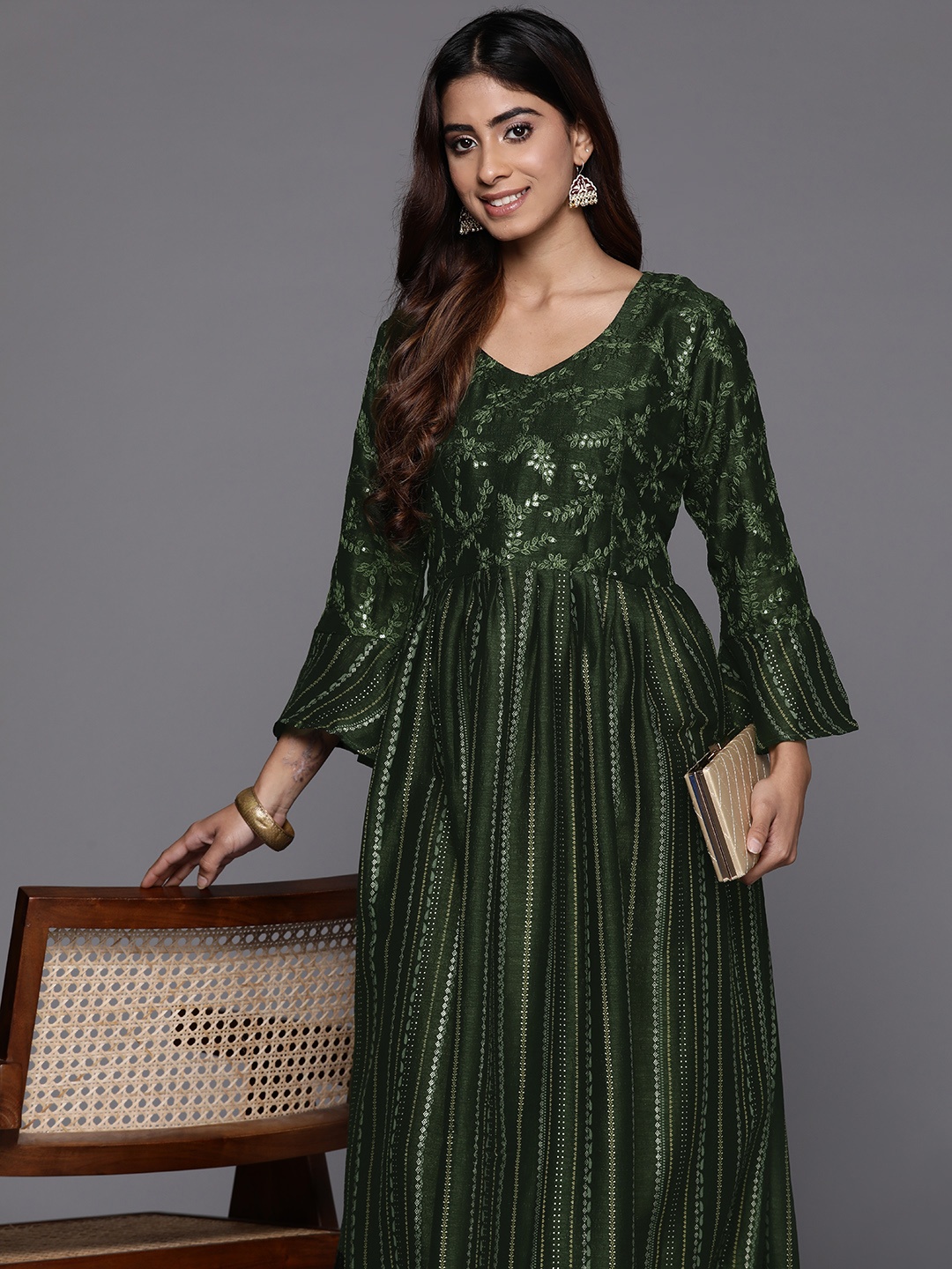 

Indo Era Floral Embroidered Bell Sleeve Maxi Dress, Green