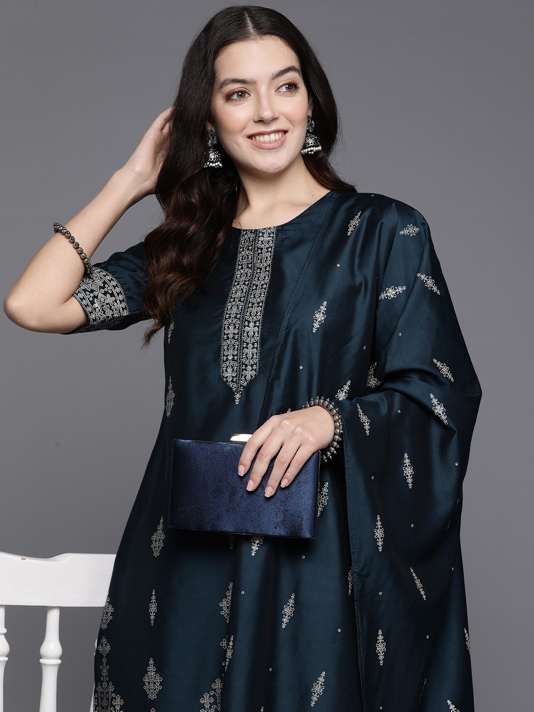 

Indo Era Women Ethnic Motifs Printed Chanderi Silk Kurta with Palazzos & With Dupatta, Blue