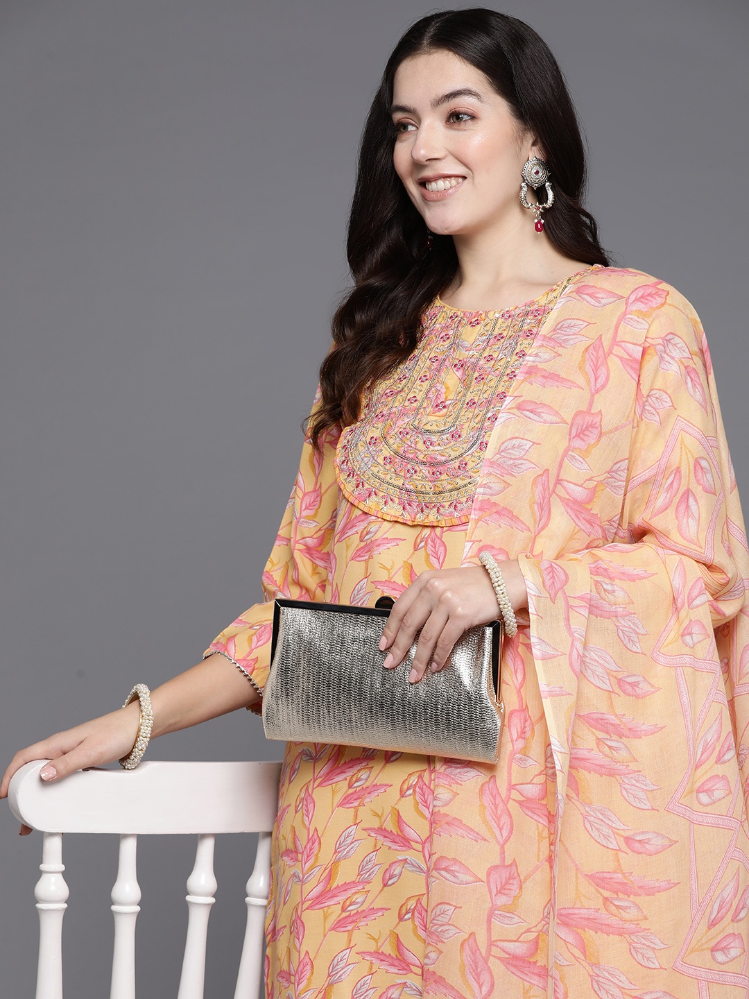 

Indo Era Women Floral Embroidered Sequinned Pure Cotton Kurta with Trousers & With Dupatta, Yellow