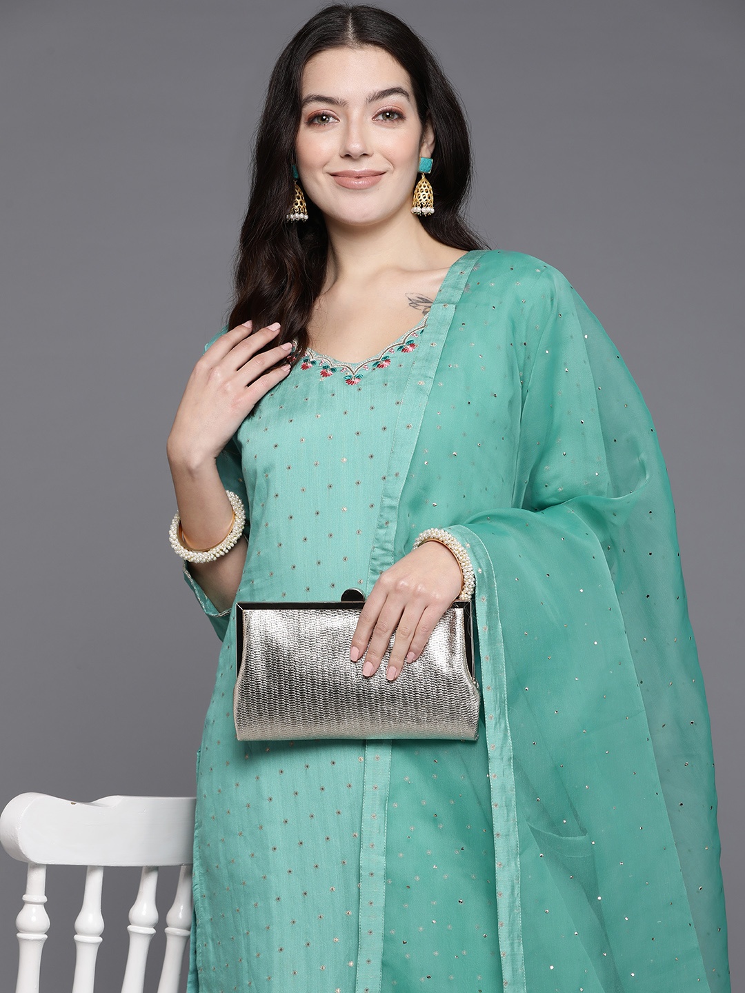

Indo Era Women Ethnic Motifs Embroidered Thread Work Kurta with Trousers & With Dupatta, Blue