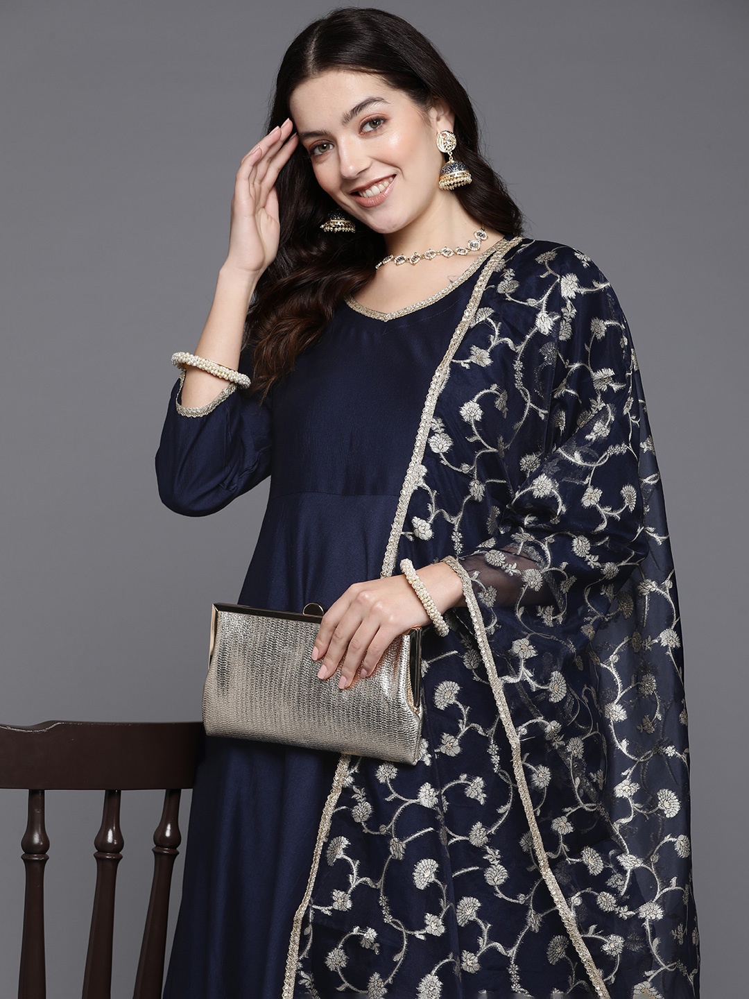 

Indo Era Women Empire Gotta Patti Kurta with Trousers & With Dupatta, Navy blue