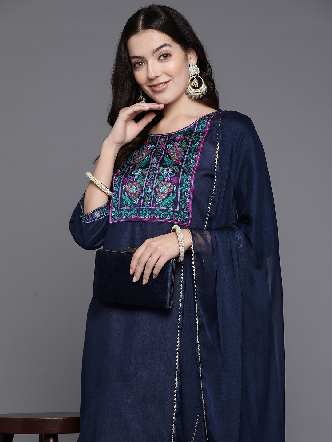 

Indo Era Women Yoke Design Regular Kurta with Palazzos & With Dupatta, Navy blue