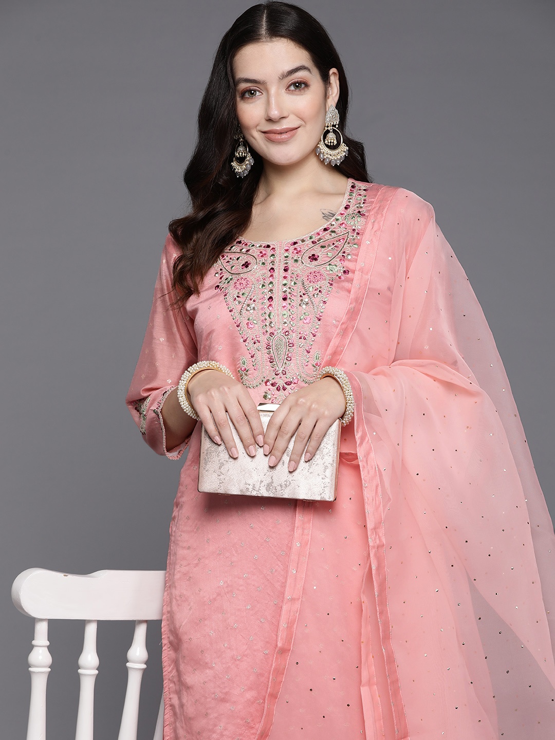 

Indo Era Women Floral Embroidered Thread Work Kurta with Trousers & With Dupatta, Pink