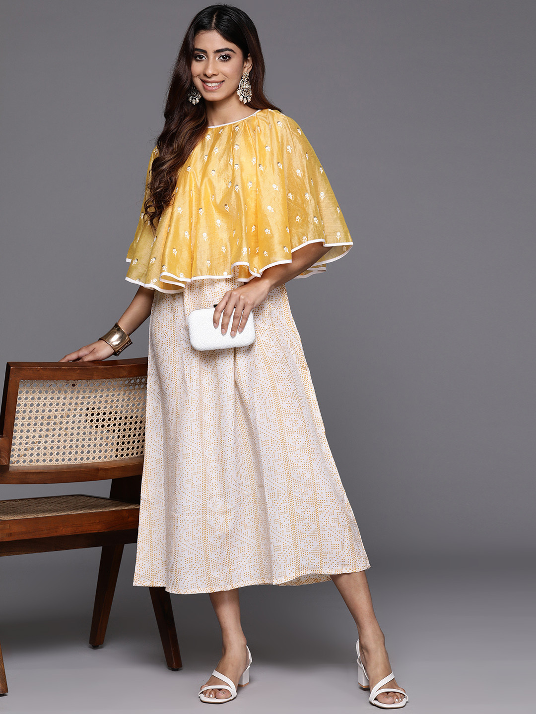 

Indo Era Printed Embroidered Cape Sleeve Crepe A-Line Midi Dress, Yellow