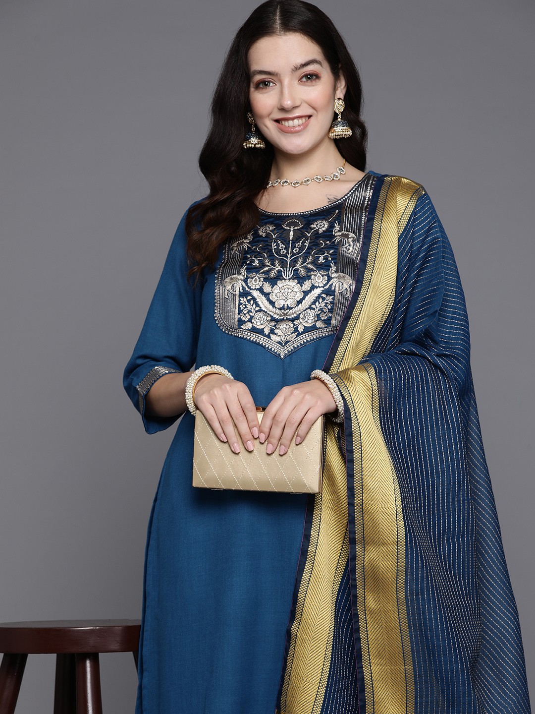 

Indo Era Women Yoke Design Regular Kurta with Palazzos & With Dupatta, Blue