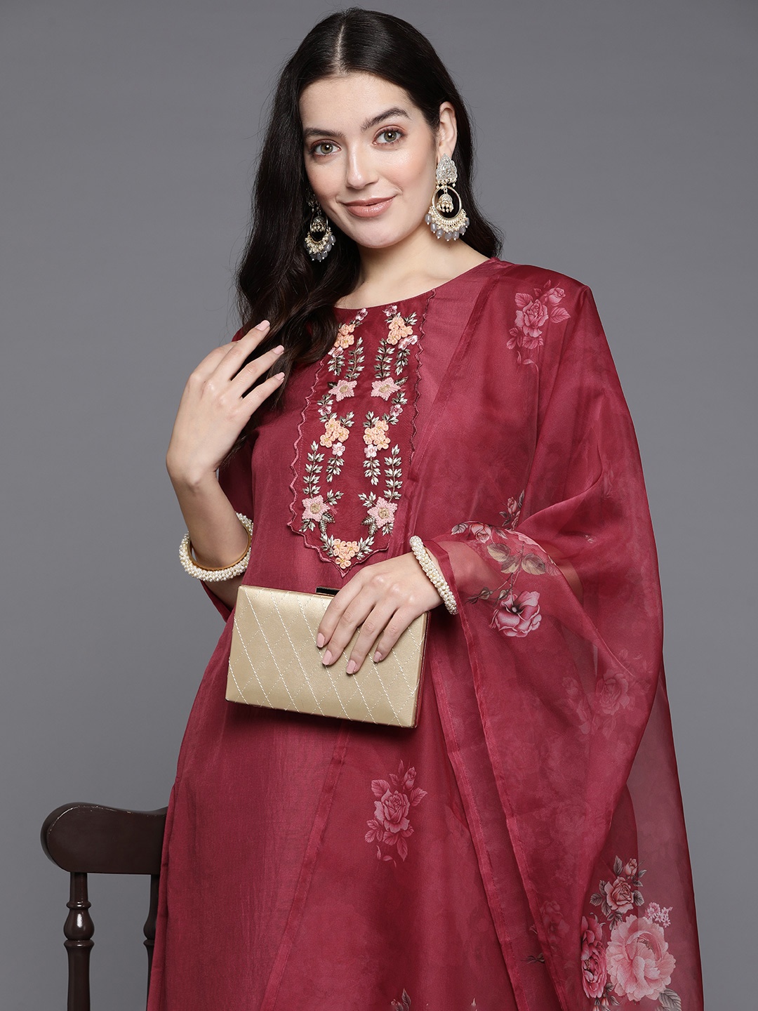 

Indo Era Women Floral Embroidered Regular Thread Work Kurta with Trousers & With Dupatta, Maroon
