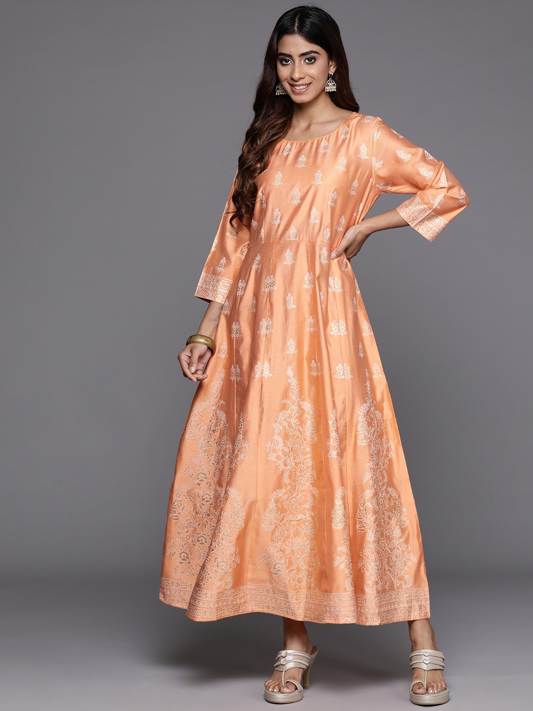 

Indo Era Ethnic Motifs Print Liva Gown Maxi Dress, Peach
