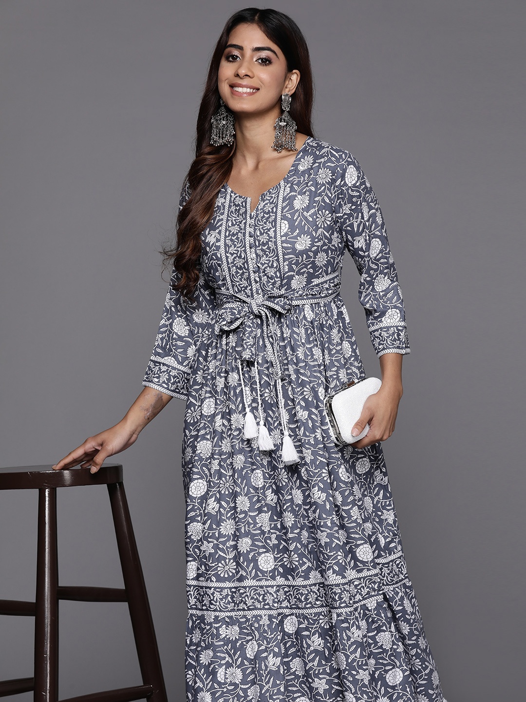 

Indo Era Floral Print A-Line Maxi Dress, Grey