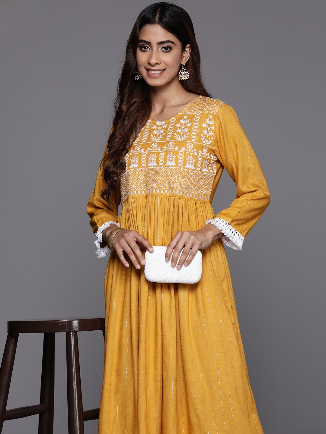 

Indo Era Ethnic Motifs Embroidered A-Line Midi Dress, Mustard