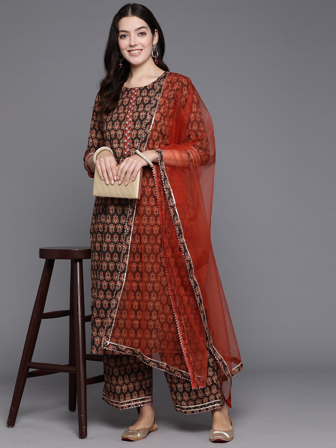 

Indo Era Women Ethnic Motifs Printed Regular Kurta with Palazzos & With Dupatta, Brown