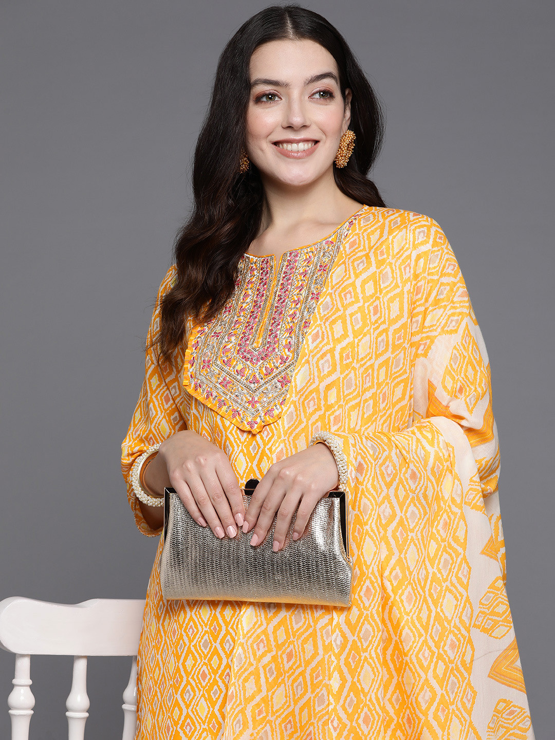 

Indo Era Women Floral Embroidered Sequinned Pure Cotton Kurta with Trousers & With Dupatta, Yellow