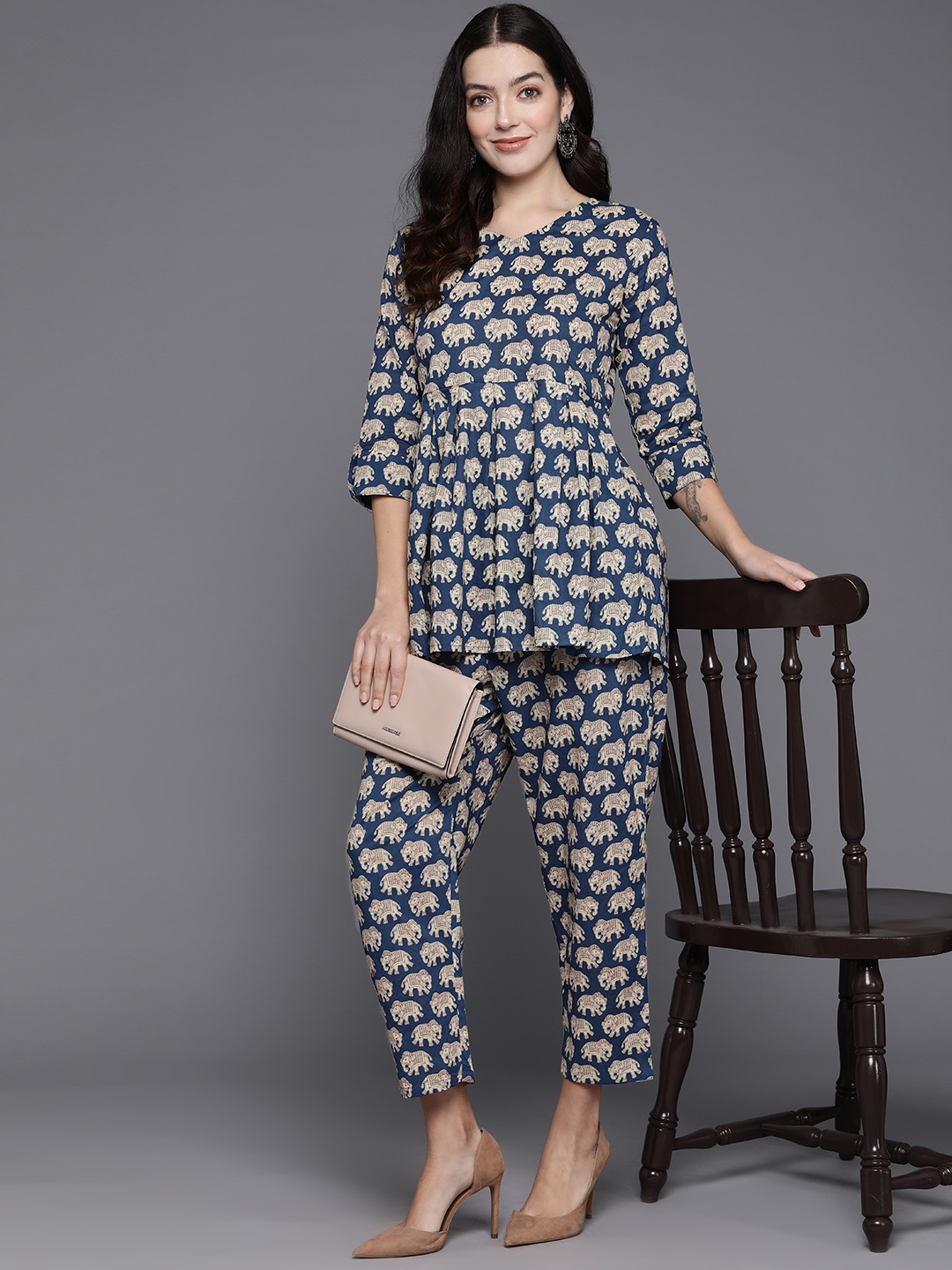 

Indo Era Women Printed Pure Cotton Ethnic Co-Ords, Blue