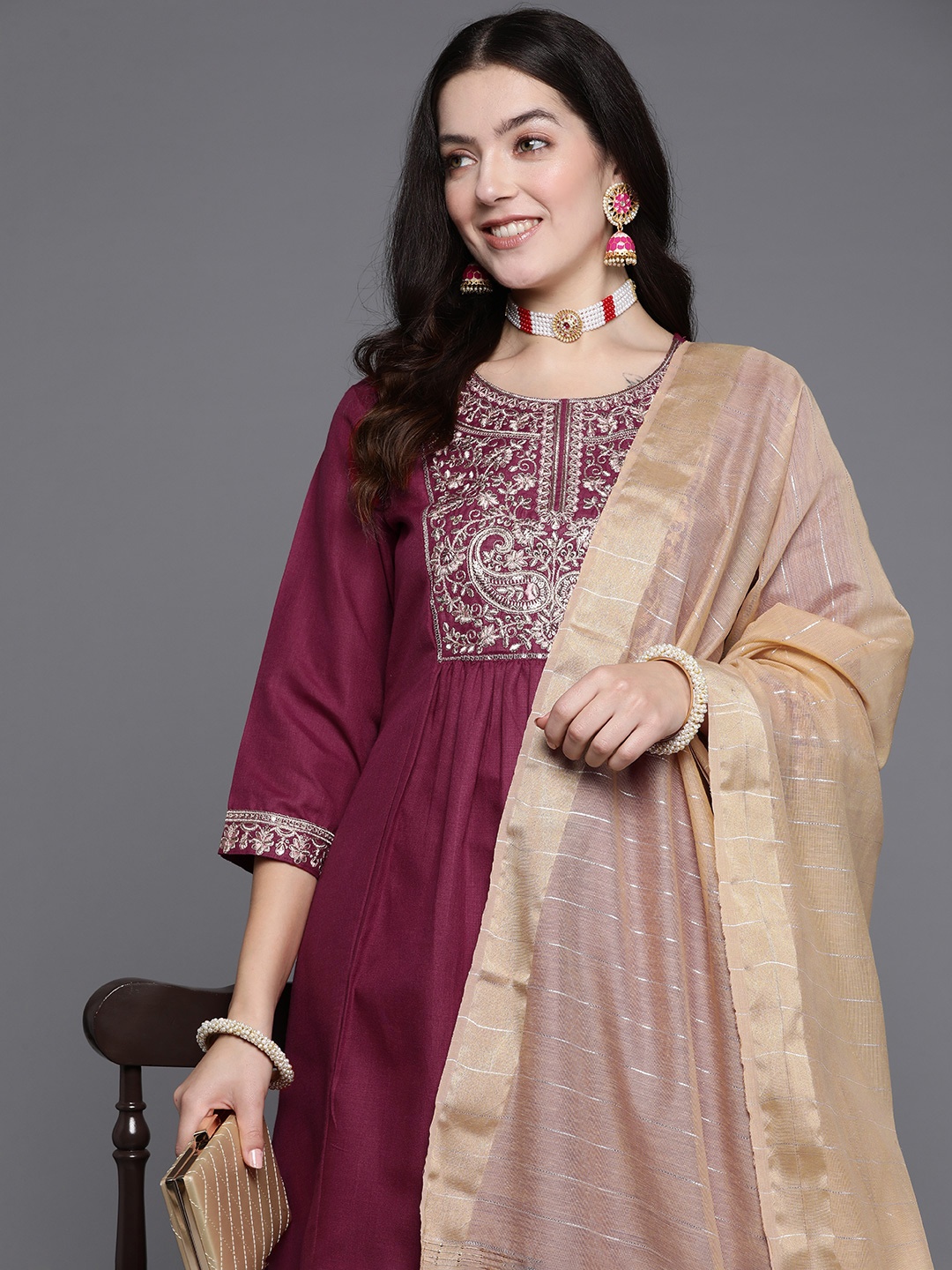 

Indo Era Women Floral Embroidered Empire Sequinned Kurta with Trousers & With Dupatta, Maroon