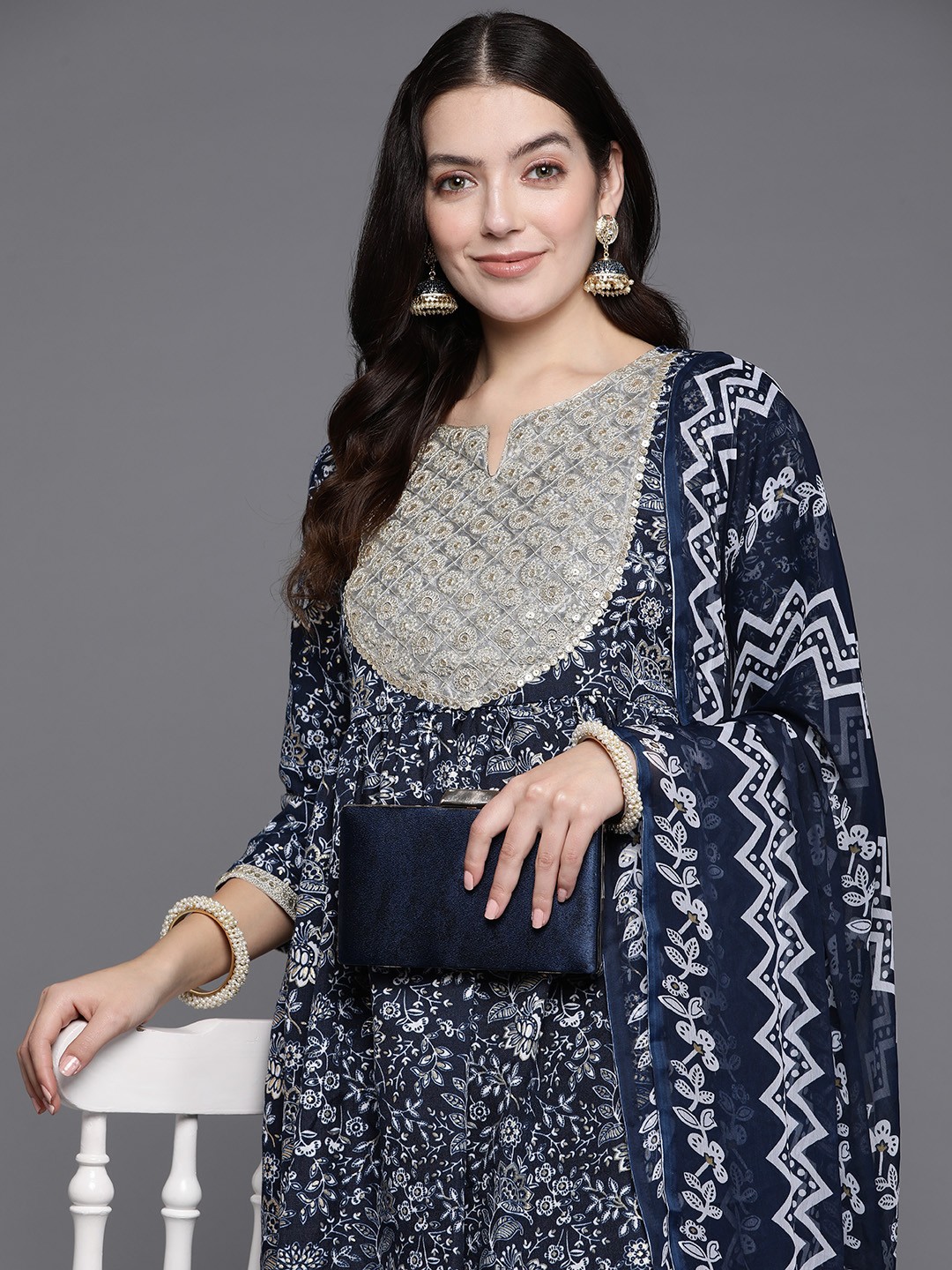 

Indo Era Women Floral Embroidered Sequinned Pure Cotton Kurta with Trousers & With Dupatta, Blue