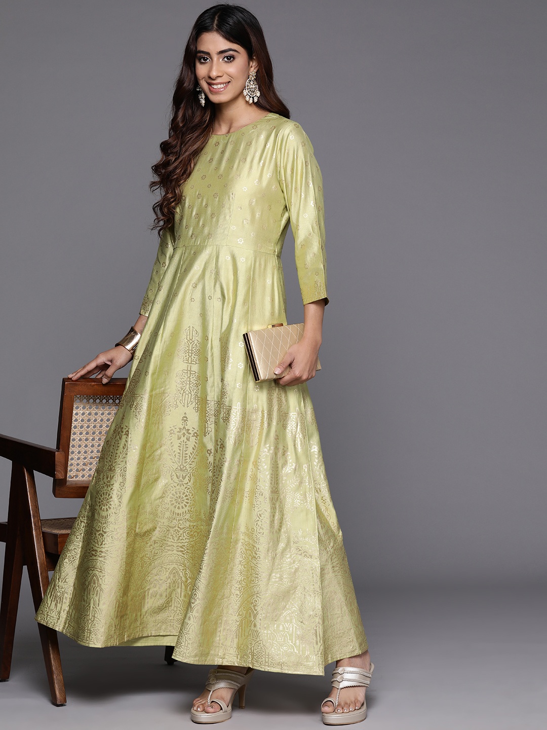 

Indo Era Ethnic Motifs Print Liva Gown Maxi Dress, Green