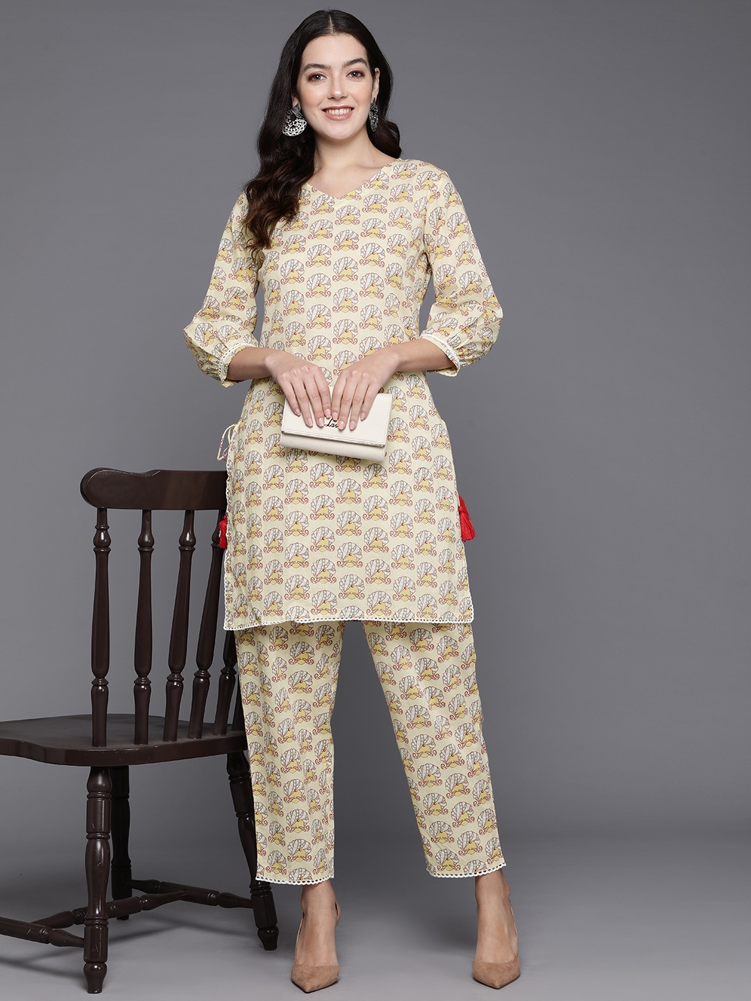 

Indo Era Women Printed Pure Cotton Ethnic Co-Ords, Yellow