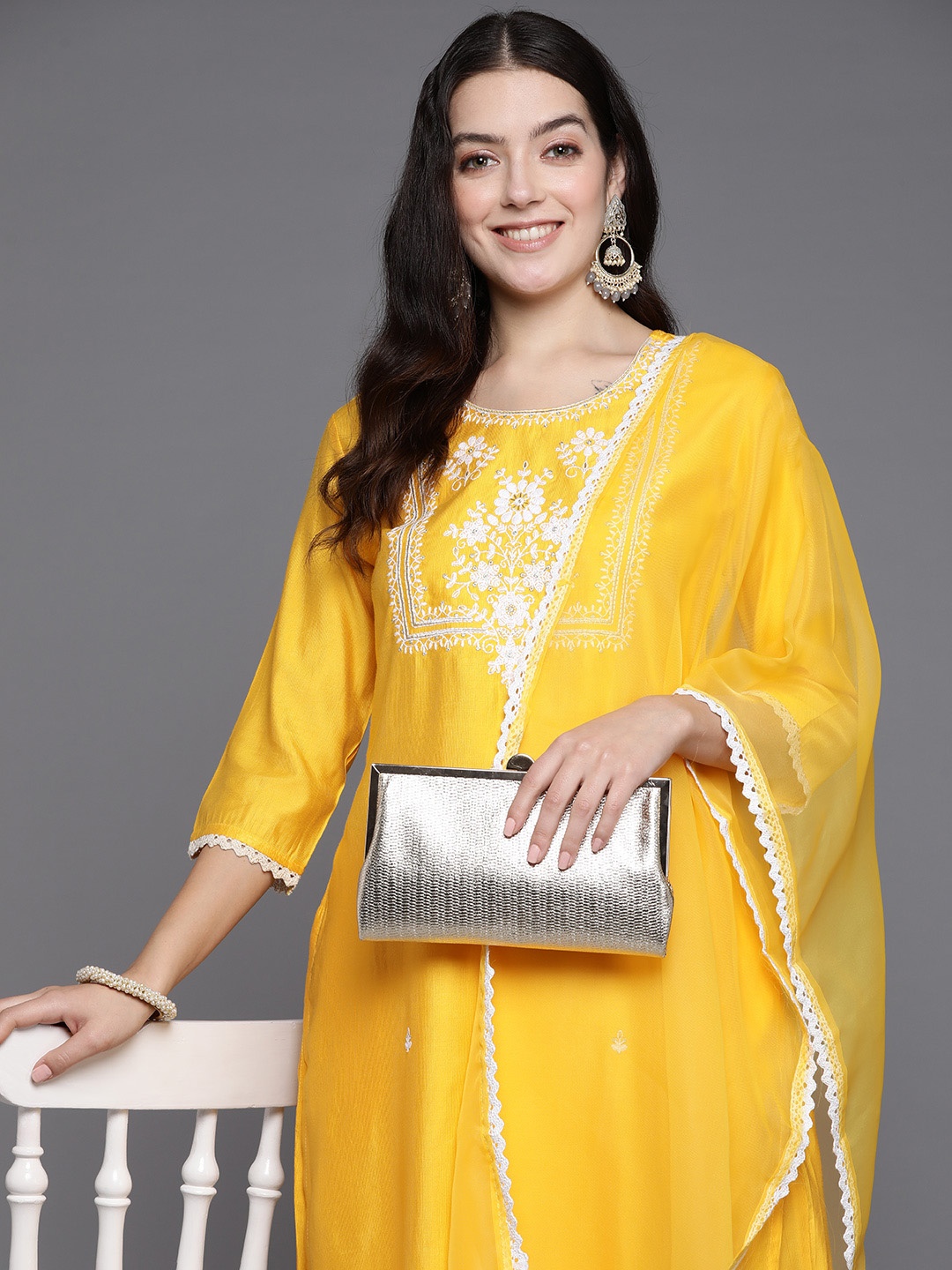 

Indo Era Women Floral Embroidered Thread Work Liva Kurta with Trousers & With Dupatta, Yellow