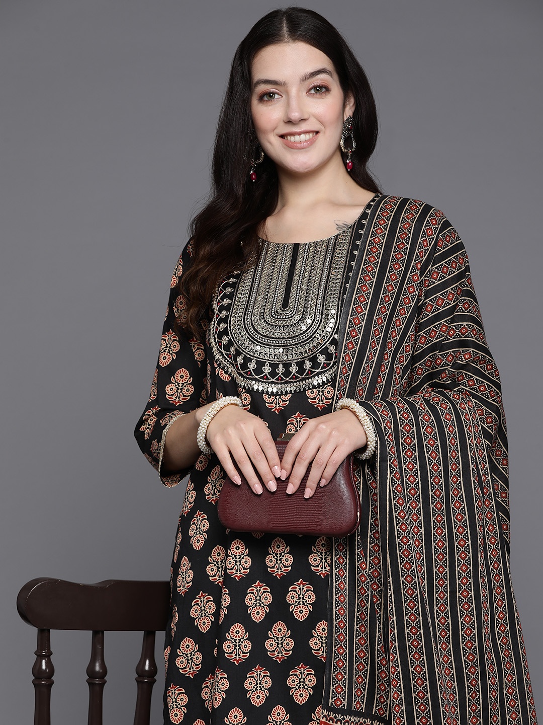 

Indo Era Women Ethnic Motifs Embroidered Sequinned Kurta with Trousers & With Dupatta, Black