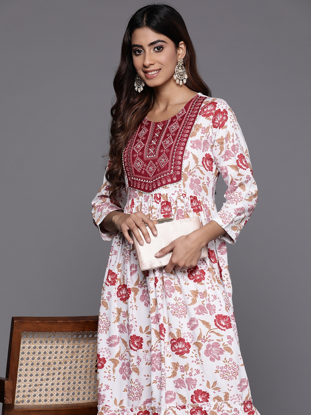 

Indo Era Ethnic Motifs Embroidered A-Line Midi Dress, Red
