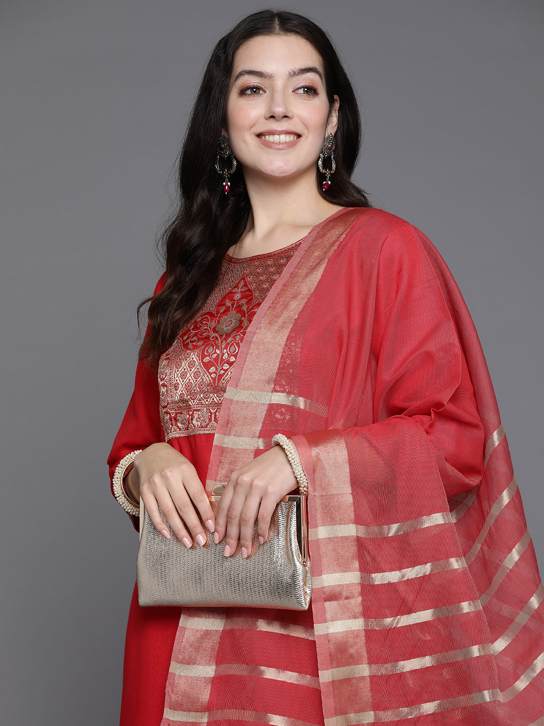 

Indo Era Women Yoke Design Regular Kurta with Palazzos & With Dupatta, Red