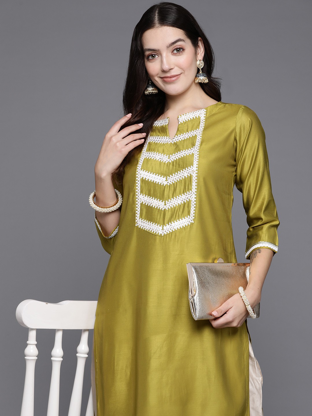 

Indo Era Women Embroidered Keyhole Neck Sequinned Liva Straight Kurta, Olive