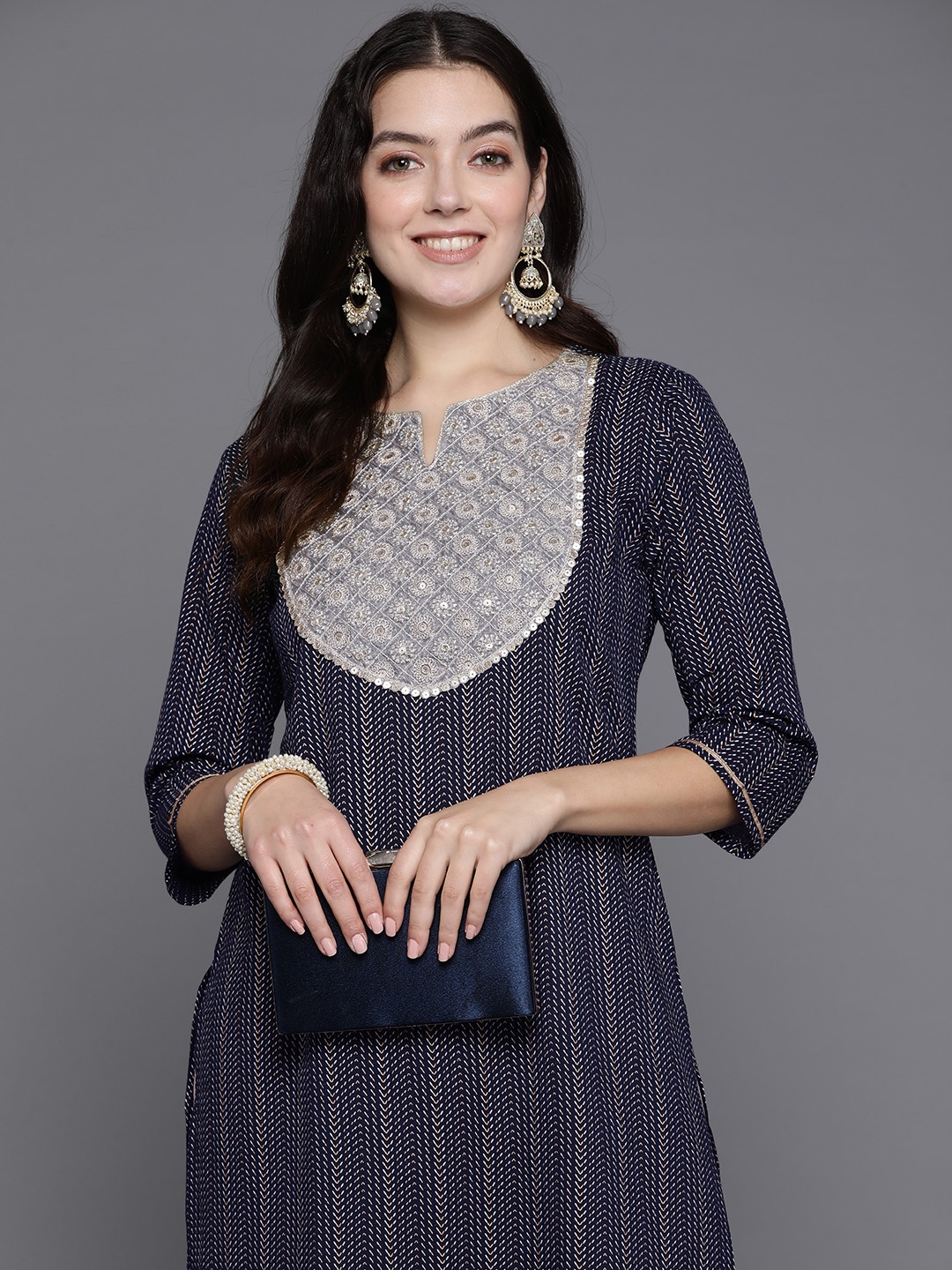 

Indo Era Women Ethnic Motifs Embroidered Sequinned Straight Kurta, Navy blue