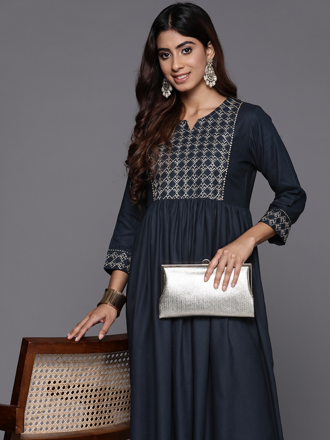 

Indo Era Embroidered A-Line Midi Dress, Blue