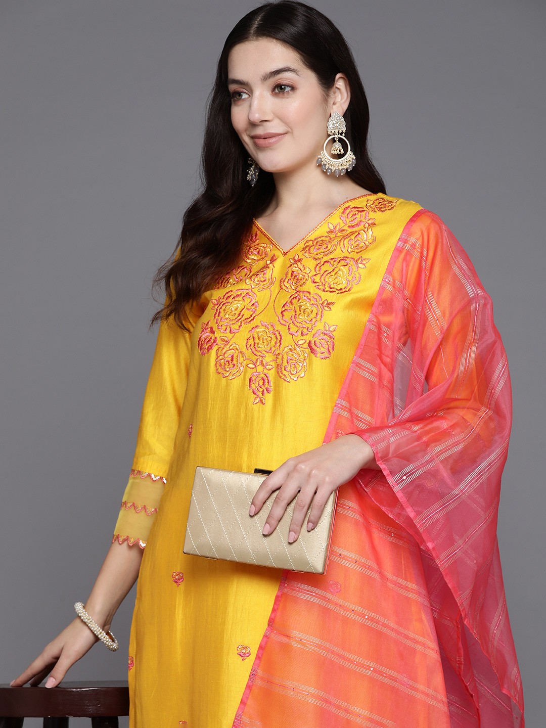 

Indo Era Women Floral Embroidered Sequinned Liva Kurta with Trousers & With Dupatta, Yellow