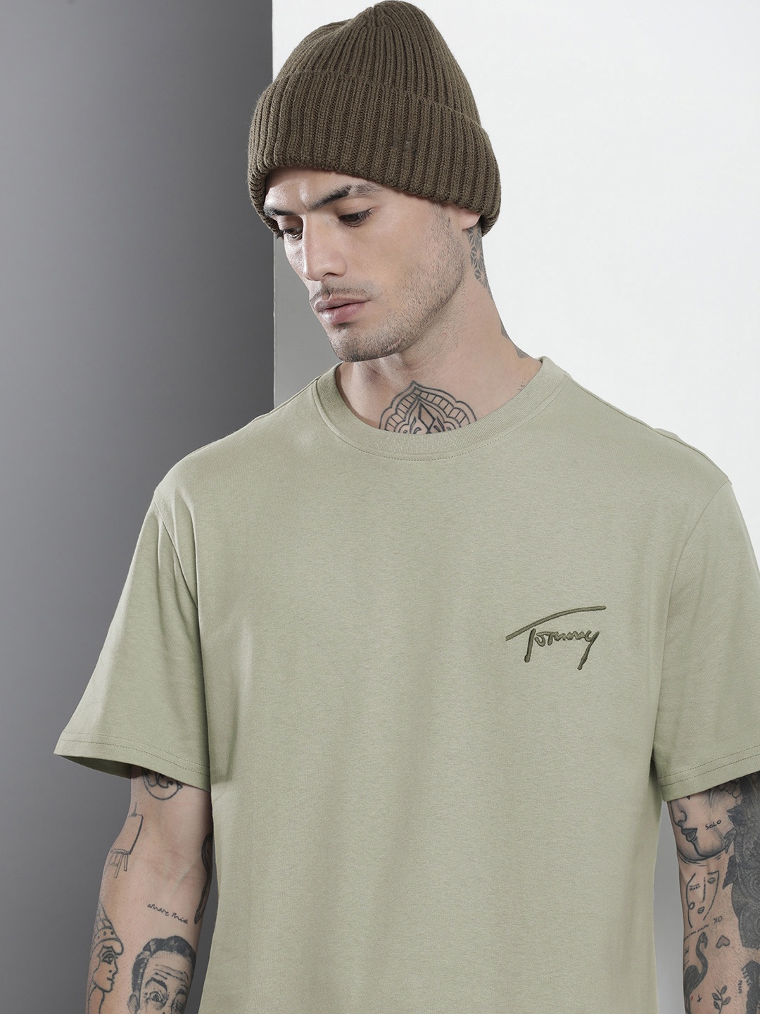 

Tommy Hilfiger Brand Logo Embroidered Pure Cotton T-shirt, Olive