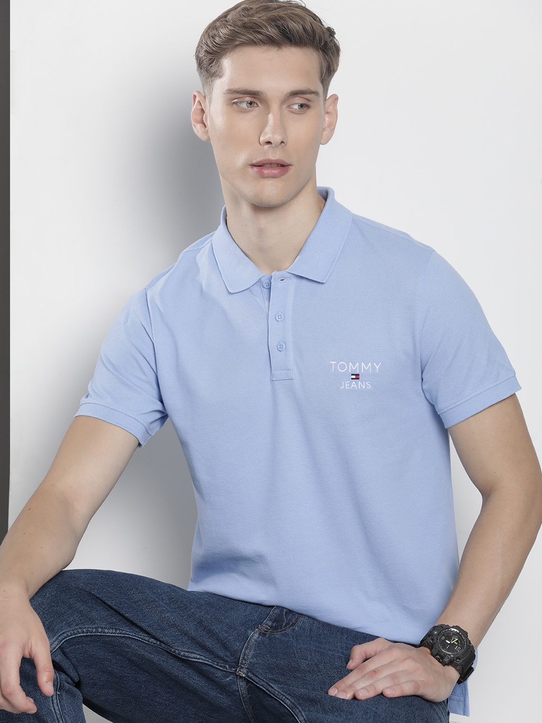 

Tommy Hilfiger Brand Logo Embroidered Pure Cotton Slim Fit T-shirt, Blue