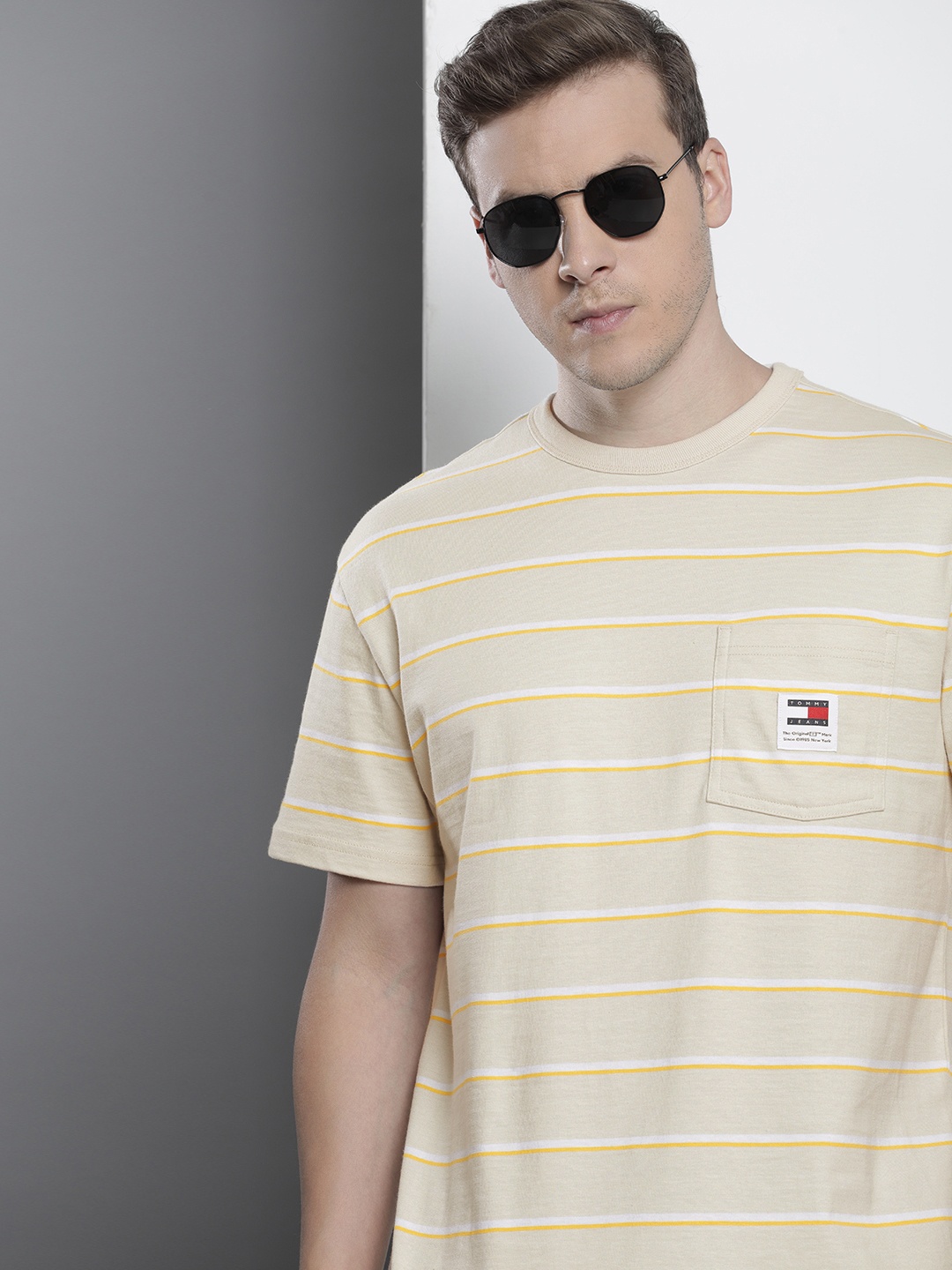 

Tommy Hilfiger Pure Cotton Striped Pocket T-shirt, Beige