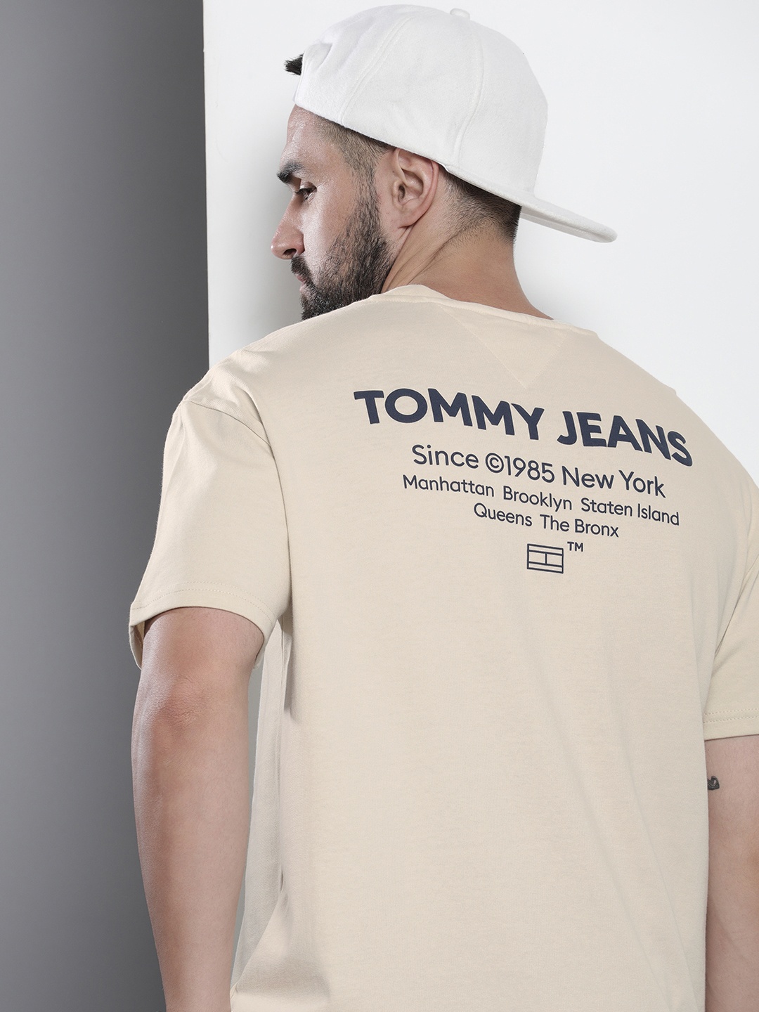 

Tommy Hilfiger Pure Cotton Brand Logo Printed Drop-Shoulder Sleeves T-shirt, Beige