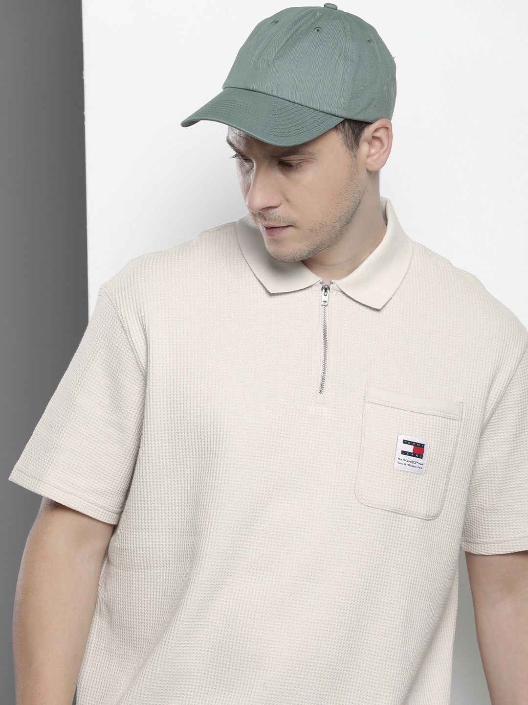 

Tommy Hilfiger Polo Collar Self Design Drop-Shoulder Sleeves Oversized T-shirt, Beige