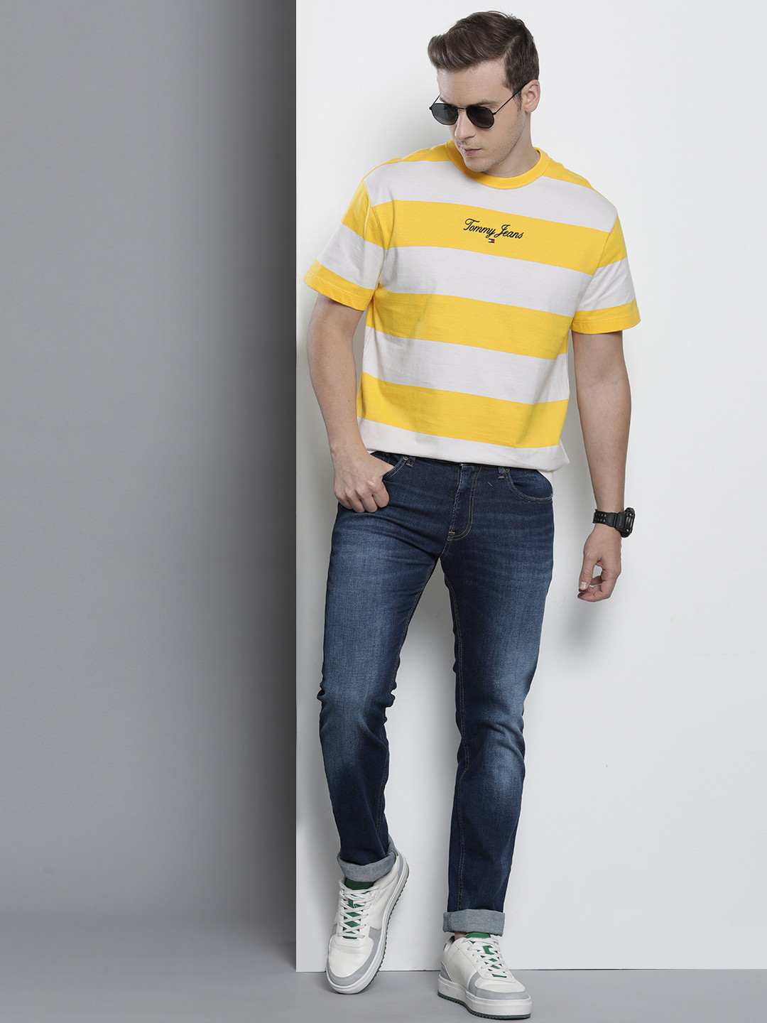

Tommy Hilfiger Pure Cotton Striped Drop-Shoulder Sleeves T-shirt, Yellow
