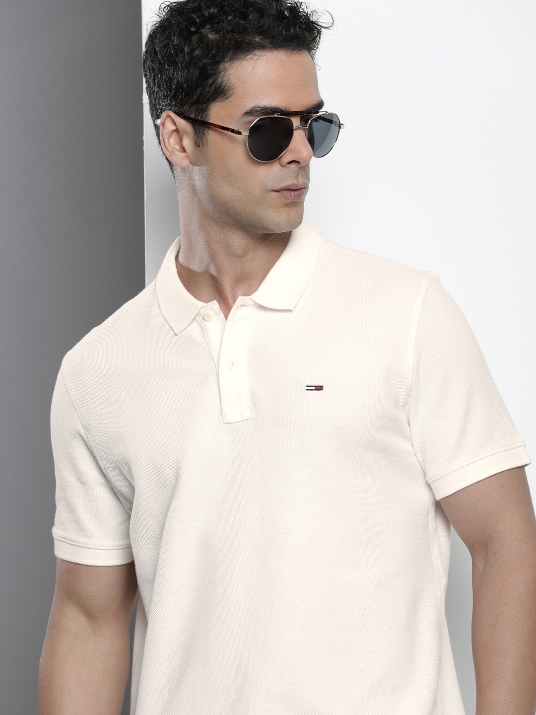 

Tommy Hilfiger Polo Collar Self Design Pure Cotton Slim Fit T-shirt, Off white