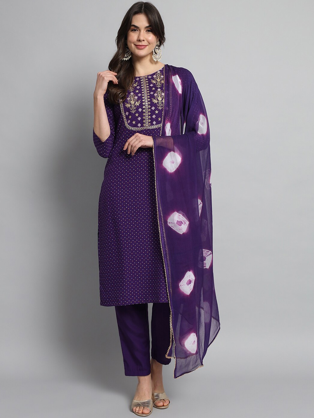 

KALINI Ethnic Motif Yoke Design Thread Work Kurta With Trousers & Dupatta, Purple