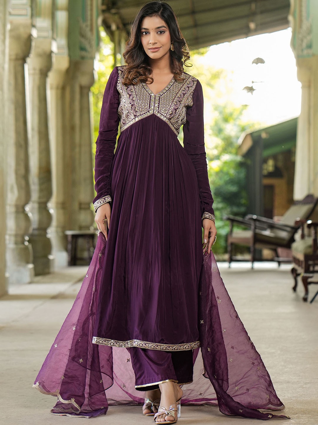 

KALINI Yoke Design Thread Work Kurta With Trousers & Dupatta, Purple