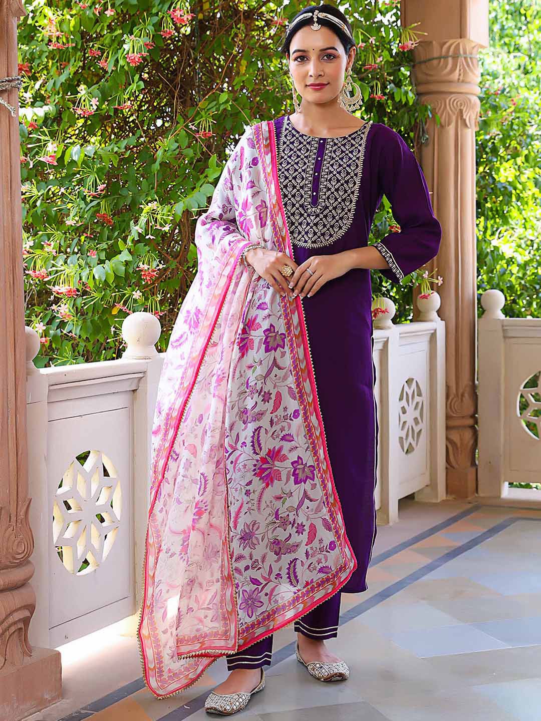 

KALINI Yoke Design Thread Work Kurta With Trousers & Dupatta, Purple