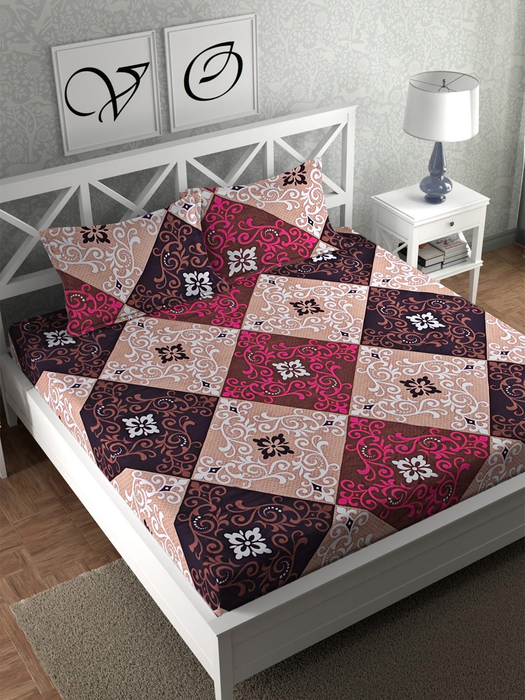 

CG HOMES Brown & Pink Printed Fitted Cotton 160 TC Queen Bedsheet With 2 Pillow Covers