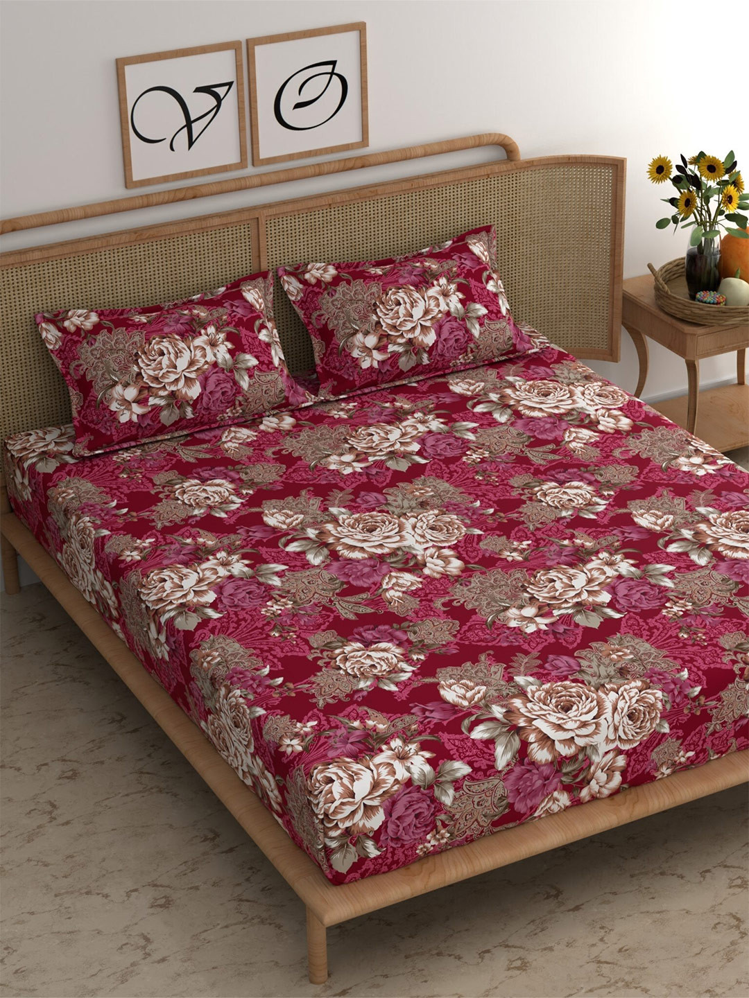 

CG HOMES Red & White Floral Printed Cotton 160 TC Queen Bedsheet With 2 Pillow Covers